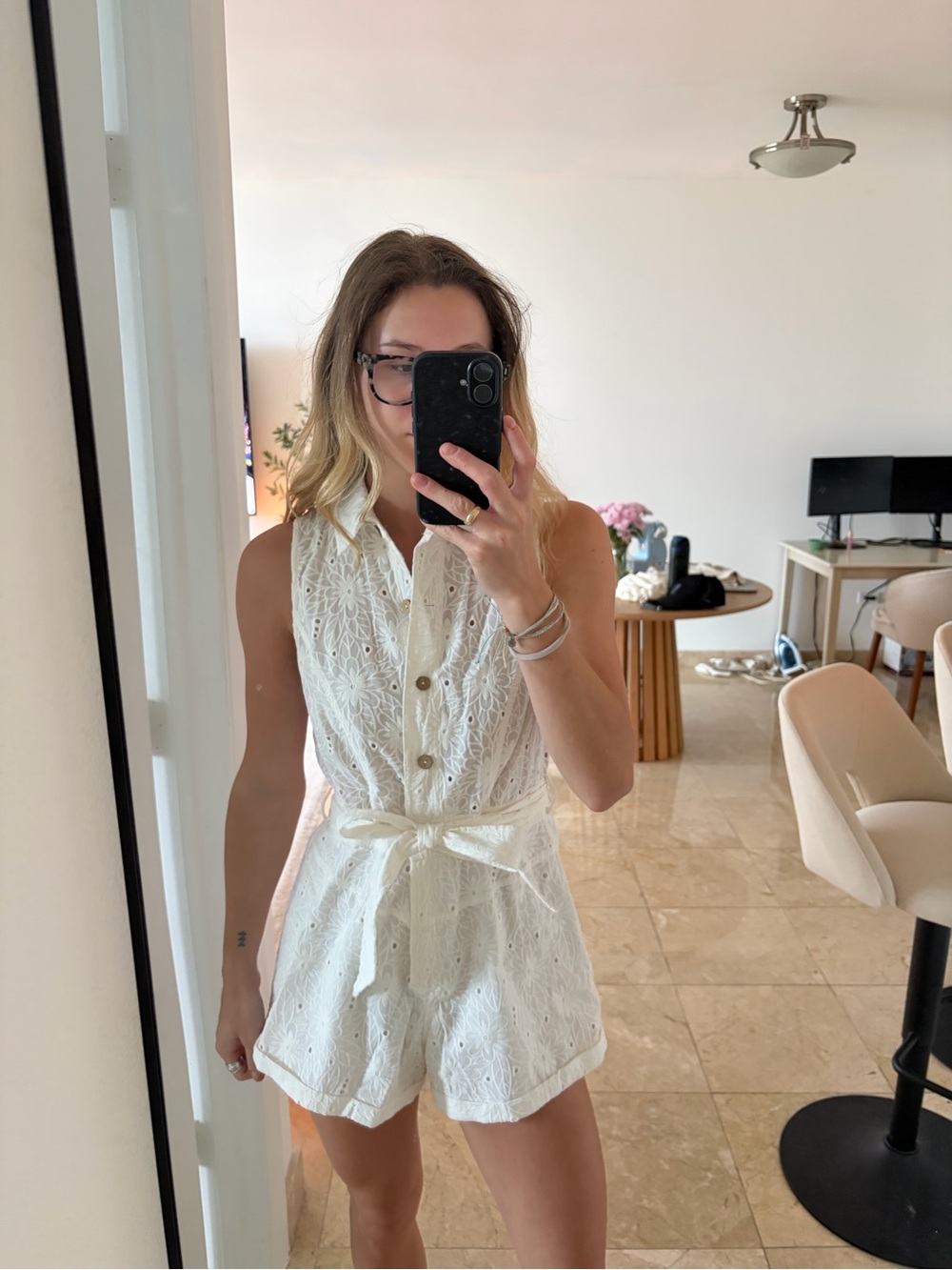 Olivaceous White Eyelet Sleeveless Romper with Tie Waist